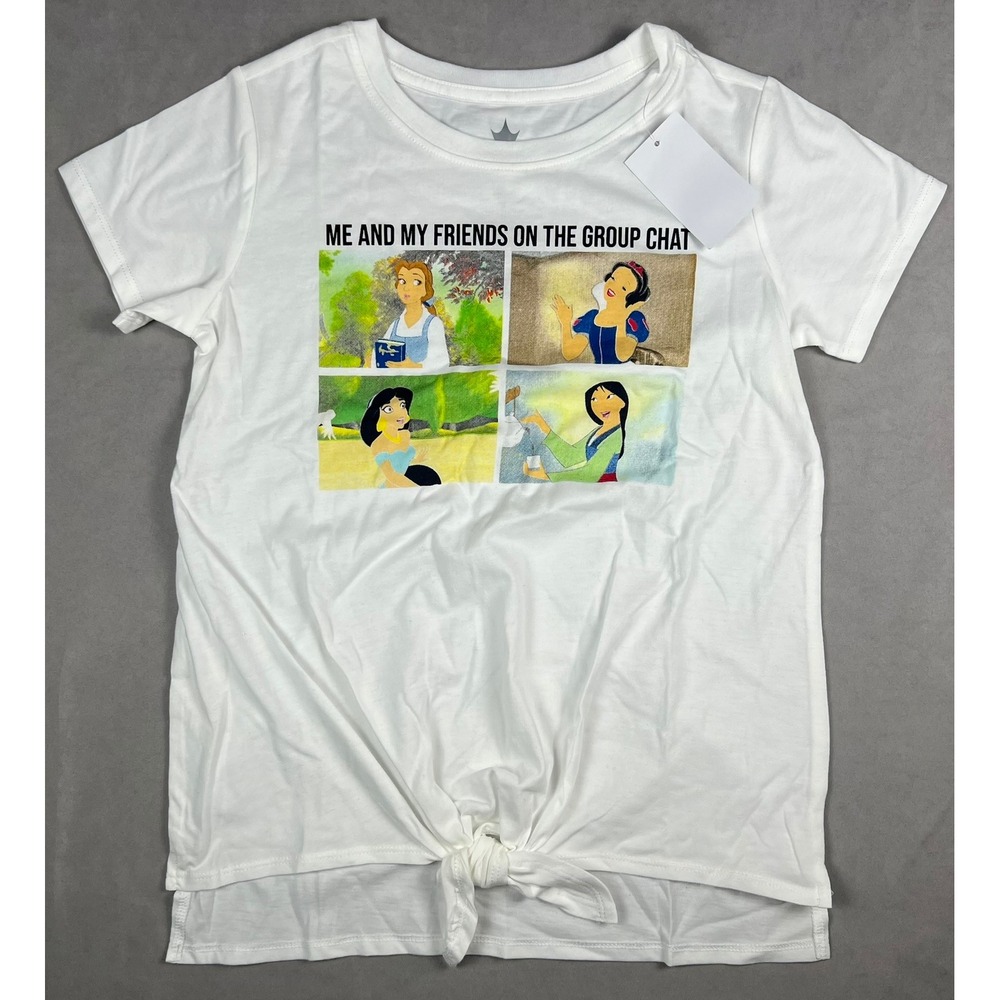 Disney Princess Girls White Group Chat Meme Tie-Front Graphic Tee Large L NWT